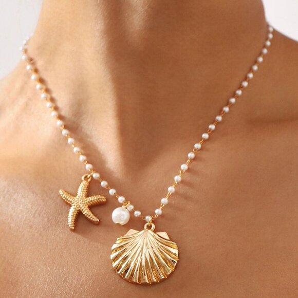 Gold Shell Starfish Necklace for Women Pearl Shell Necklace Layered Beaded Starf - Picture 3 of 5